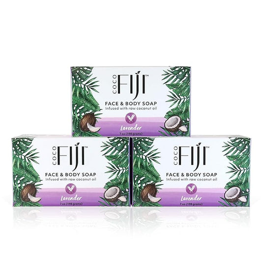 "Coco Fiji Soap Bar for Face and Body Infused With Organic Coconut Oil, Lavender Essential Oil, Natural Soap for Moisturizing & Pore Purifying Skin, 7 oz, Pack Of 3 "