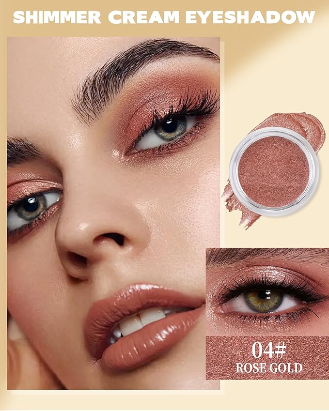 Shimmer Cream Eyeshadow, Ultra-Blendable Glitter Eye Shadow with Moisturizing Formula, Waterproof Long Lasting & Highly Pigmented, Single Creme Eyeshadow Pot Highlighter Makeup for Women-04#Rose Gold
