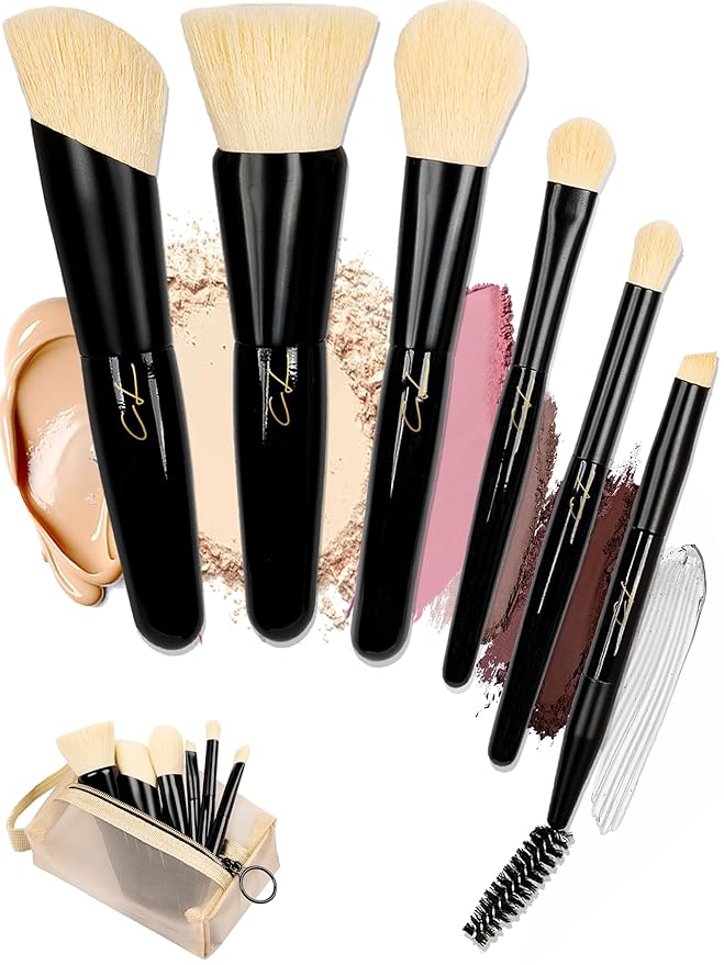 IN THE CLOUDS Travel Makeup Brushes Set + Case | Professional 7 Mini Foundation, Blush, Eyeshadow, Contour, Eyelining, Brow Brush | Short Handle Brush Set for Nearsighted | Soft for Sensitive Skin