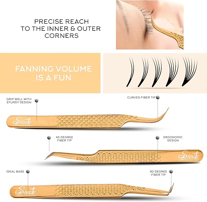 SIVOTE Eyelash Extension Tweezers Fiber Tips Japanese Steel, Set of 6 – Curved, Dolphin, 90° 45° Volume Boot & Slight Curved Tweezer – Professional Lash Tweezers for Lash Extensions Gold