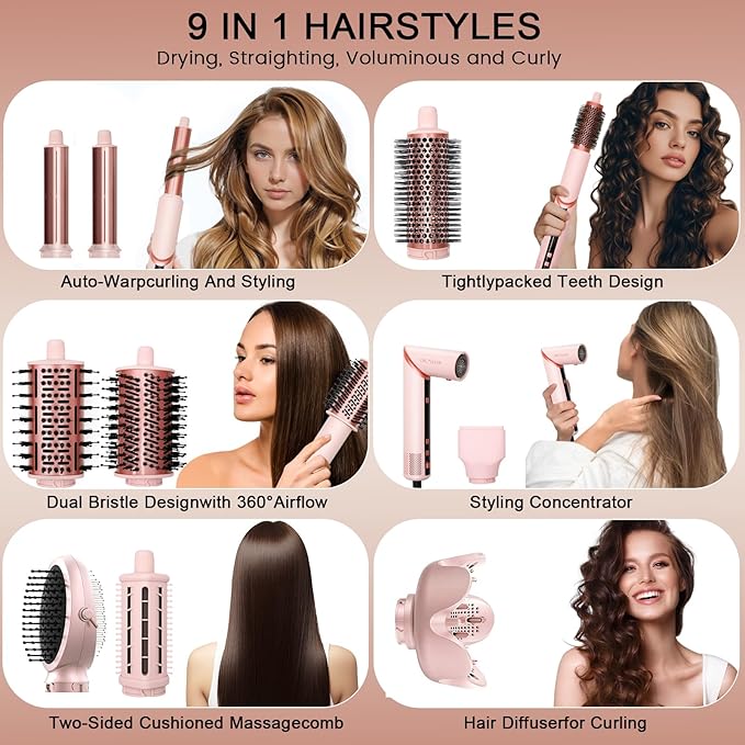 9 in 1 Wrap Air Hair Styler & Blow Dryer Brush - 110,000 RPM High-Speed, Foldable Ionic Hot Air Styler for Fast Drying, Volumizing & Curling, Multi-Styling Tool (Holiday Gifts for Women)
