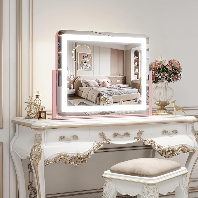 ROLOVE 22x17 Inch Pink Vanity Mirror with Lights，Dimmable LED Lights，3 Color Modes, Smart Touch Control，10X Magnification，Light up Makeup Mirror for Desk, Gift for Teen Girls