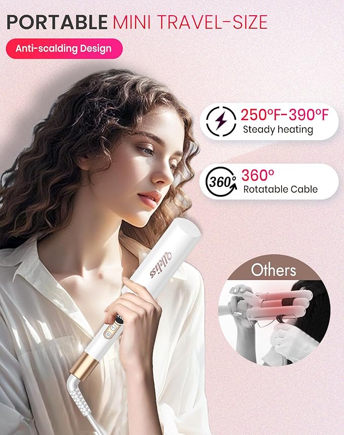 Mini Waver Crimper Hair Tool for Women Short Hair Travel 0.4 inch Double Barrel Small S Waver Curling Iron Dual Voltage (110-240V) with European Plug Adapter, 5 Temps for Dating, Daily (White Gold)