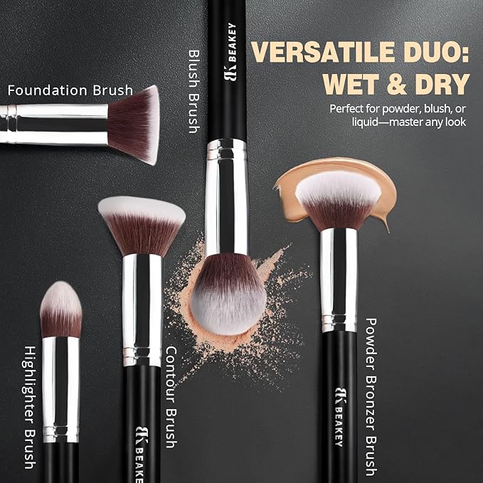 BEAKEY Makeup Brushes Set, Professional Foundation Eyeshadow Concealer Blush Powder Bronzer Applicator, 2 Blender Sponge with Beauty Paper Case stocking stuffers