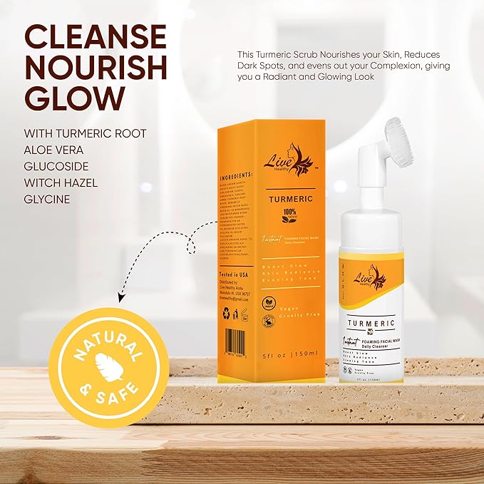 Live Healthy Turmeric Foaming Face Wash - Turmeric Face Wash with Brush, Deep Cleansing, Gentle, Facial Cleanser, Makeup Remover, Natural Formula for Acne, Blackhead & Oil Control, Hydrating -150ml