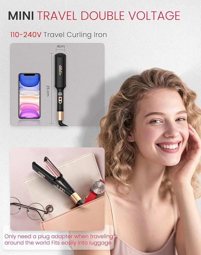 Mini Waver Hair Tool Crimper for Women Short Hair 0.4 inch Travel Double Barrel Small S Waver Ceramic Curling Iron (110-240V) Dual Voltage with 5 Temps, Anti-scalding for Dating, Daily (Black)