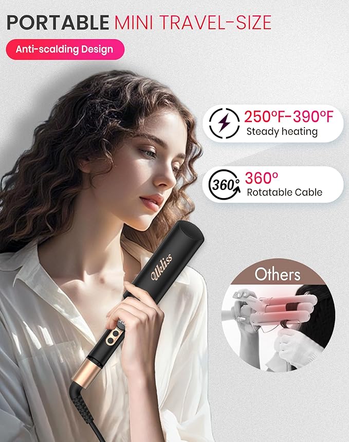 Mini Waver Hair Tool Crimper for Women Short Hair 0.4 inch Travel Double Barrel Small S Waver Ceramic Curling Iron (110-240V) Dual Voltage with 5 Temps, Anti-scalding for Dating, Daily (Black)