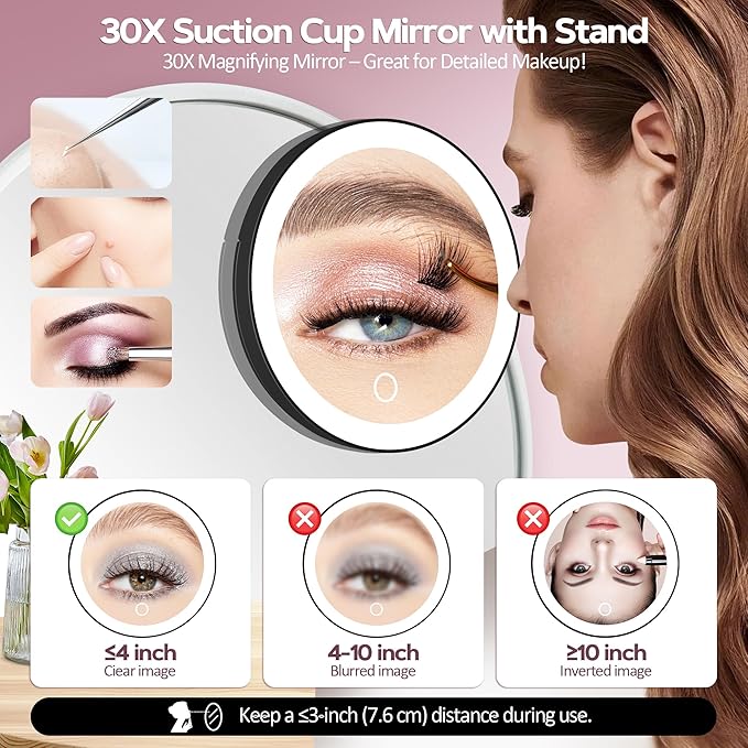 30X Magnifying Mirror Suction Cup, 6" Makeup Mirror with Lights, Rechargeable Travel Mirror with 3 Color Dimmable Lights for Precision Makeup, Fits Bathroom/Wall Suction/Hanging, Black