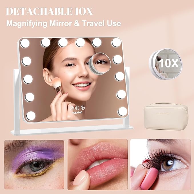 Hollywood Vanity Mirror with Lights, 20.4" x 15.7" Makeup Mirror with 14 LED Dimmable Bulbs, 3 Color Modes, 10X Magnification, USB Charging Port Touch Control, 360°Rotation