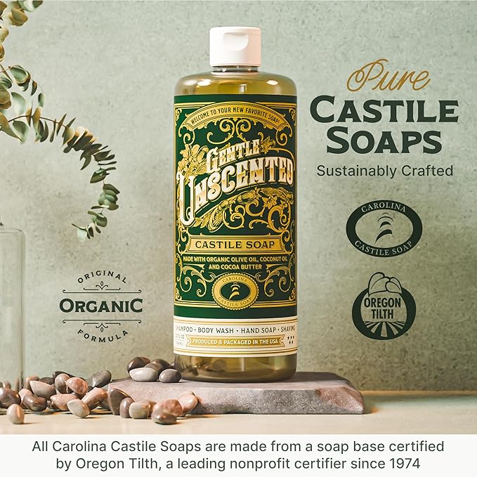 Unscented Liquid Castile Soap – Vegan Organic Soap & Body Wash, High Olive Oil Content, Non-Drying Formula, Great for Sensitive Skin by Carolina Castile, EWG Verified (Unscented, 1 Gallon)