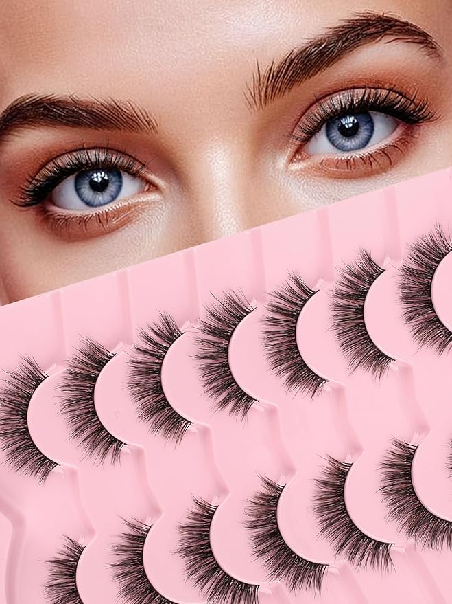 False Eyelashes Natural 13mm Wispy Lashes with Thin Band 3D Volume Soft Strip Lashes Pack C Curl Natural Eyelashes Fake Eyelashes 7 Pair