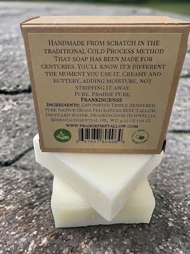 Pure Beef Tallow Soap Bar, (3 Pack) Grass Fed and Finished - Face, Body and Hair - Cleans, Moisturizes, Soothes, and Hydrates. Natural and Organic Frankincense