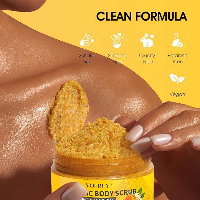 Body Scrub,Turmeric Exfoliating Body Scrub with AHA & BHA, Gentle Body Exfoliator with Vitamin C for Body Hand Foot Bikini Area - 11.3oz