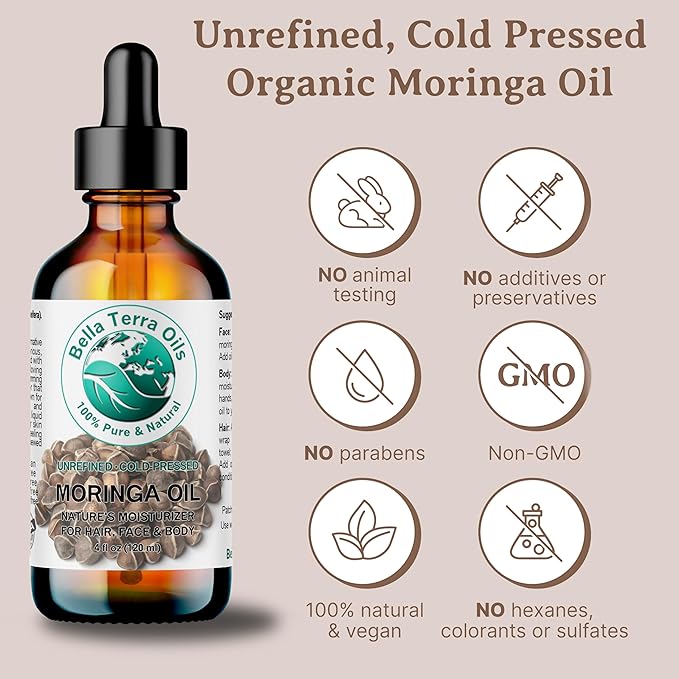 Bella Terra Oils - Organic Moringa Seed Oil 2 oz - Luxuriously Cold-Pressed, High in Vitamin A, C & E, Abundant in Oleic Acid, A Facial Elixir for Radiant Beauty