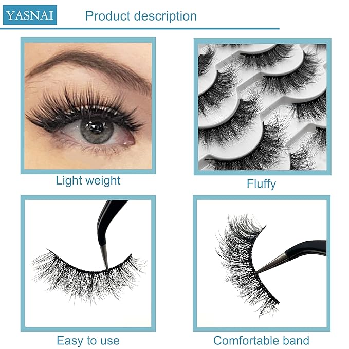 False Eyelashes Fluffy Faux Mink Lashes, Yasnai Natural Eyelashes，14 Pairs Pack 9D Wispy Cat Eye Fake Lashes