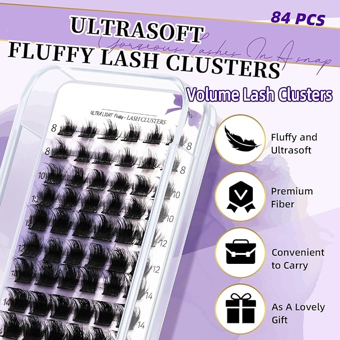 B&Qaugen Lash Clusters Individual Lashes 84 Pcs Ultralight Eyelash Clusters DIY Cluster Eyelash Extensions at Home Wispy Lash Extension Light as Feather Cluster Lashes(F05-D-8-18MIX)
