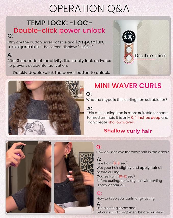 Mini Waver Hair Tool Crimper for Women Short Hair 0.4 inch Travel Double Barrel Small S Waver Ceramic Curling Iron (110-240V) Dual Voltage with 5 Temps, Anti-scalding for Dating, Daily (White)