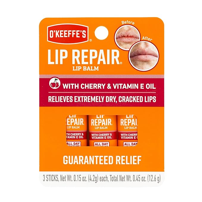 O'Keeffe's Lip Repair Lip Balm with Cherry & Vitamin E Oil - Stick (3 Pack) - Moisturizer for Extremely Cracked, Dry Lips