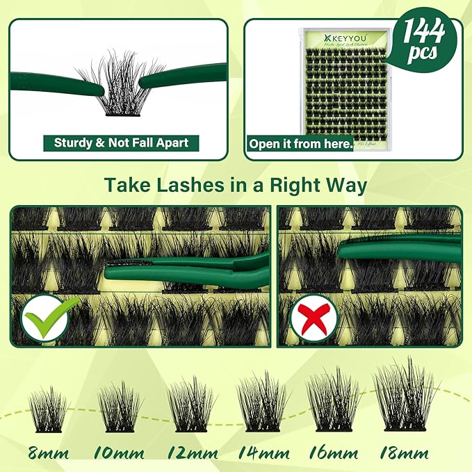 KEYYOU Lash Clusters 3D Effect Eyelash Clusters 144pcs D Curl PuffSilk V3D01 Wispy Lashes Cluster Lashes Natural Soft DIY Lash Extension at Home(PuffSilk V3D01-D-8-18MIX)