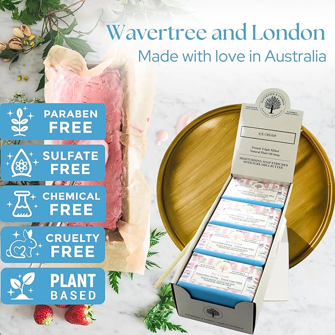 Wavertree & London Ice Cream Scented Natural Soap (8 Bars), 7oz Moisturizing French Triple Milled Soap Bars enriched with shea butter - Pure Plant Oil Bath & Body Bars for All Skin Types