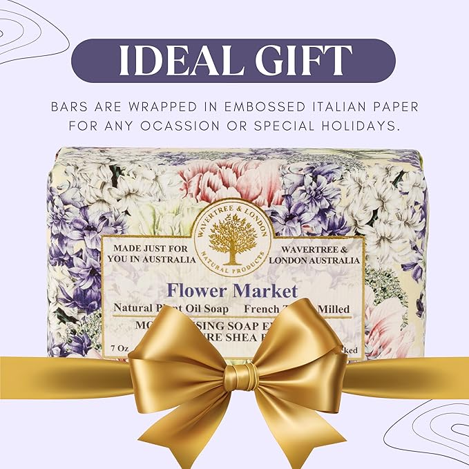 Wavetree & London Flower Market Scented Natural Soap Bar, 7oz Moisturizing French Triple Milled Soap Bar for Women & Men Enriched with Organic Shea Butter, Pure Bath & Body Soap (1 Bar)