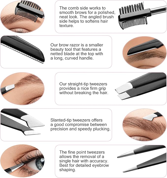 Eyebrow Trimmer 8-Pack - Eyebrow Tweezers Set - Eyebrow Shaping Kit for Women & Men With Razor, Brush With Comb, Pencil, and Scissors in Padded Case