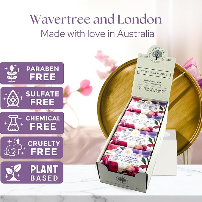 Wavertree & London Sweet Pea & Jasmine Scented Natural Soap (8 Bars), 7oz Moisturizing French Triple Milled Soap Bars enriched with shea butter - Pure Plant Oil Bath & Body Bars for All Skin Types