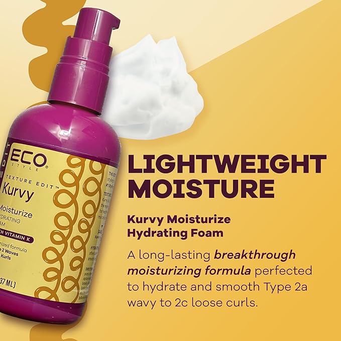 Eco Style, Texture Edit, Kurvy Moisturize Hydrating Foam for Type 2a to 2c wavy hair - Prep your hair for any style with lightweight leave in conditioner for curly hair 8oz