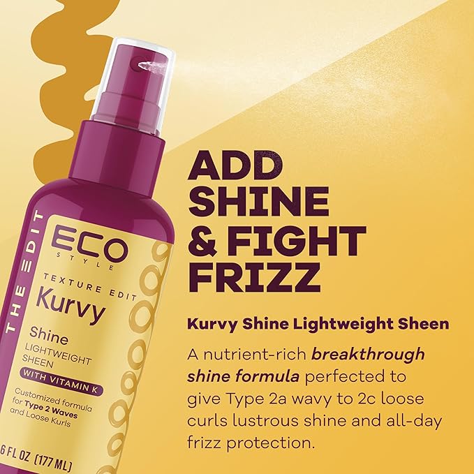 Eco Style, Texture Edit, Kurvy Shine Lightweight Sheen for Type 2a to 2c wavy hair - Finish off any style by adding rich nutrients for a perfectly glorious glow with frizz control. 6 oz.