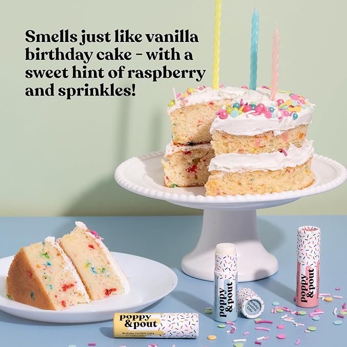 Poppy & Pout Birthday Cake Jumbo Lip Balm | All Natural Lip Balms & Moisturizers | Hydrates with Beeswax, Vitamin E, Organic Coconut Oil | Cruelty-Free | Lip Balm in Recyclable Cardboard Tube (Purple)