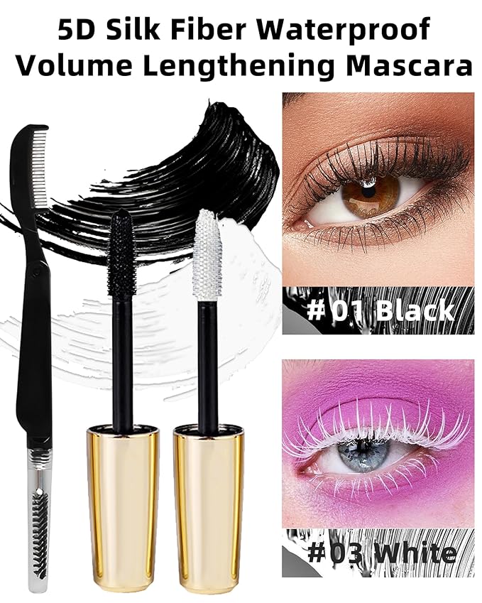 Black+White Waterproof Mascara for Eyelash, 5D Silk Fiber Lashes Extension Colored Tube Mascara with Eyelash Brush, Long Lasting Smudge-proof Volumizing Lengthening, Eye Makeup Gift for Women