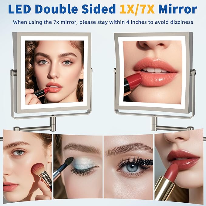 Ruacq Rechargeable Wall Mounted Makeup Mirror with Lights, Double Sided 1X/7X Magnifying Vanity Mirror with 3 Color Lights, Touch Screen Dimmable, 360° Rotation Extension Foldable (Brushed Nickel)