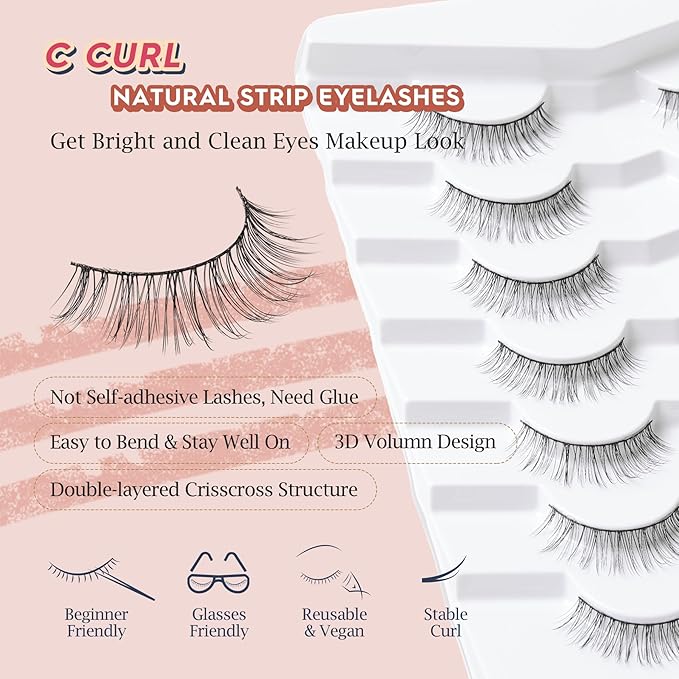 False Lashes Eyelashes Wispy 10MM Short Lash Natural Thin Band Strip Eyelash 3D Volume C Curl 7 Pair