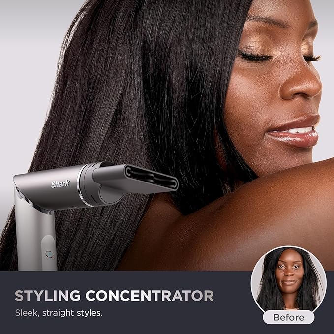 Shark FlexFusion Hair Straightener & Powerful Hair Dryer with Fusion Hair Brush, Ceramic Air Styler with Auto-Wrap Hair Curlers, Concentrator, & FrizzFighter, Ceramic Plates, Metallic Mist, HD651S
