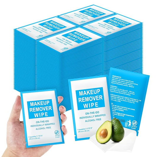 Makeup Remover Wipes Individually Wrapped Pack of 200,Avocado Scent 7x7.9 inch Blue Travel Size Facial Cleansing Wipes Towelette for Face Cleansing,Skin Care,Hotel,Camping,Gym,Office