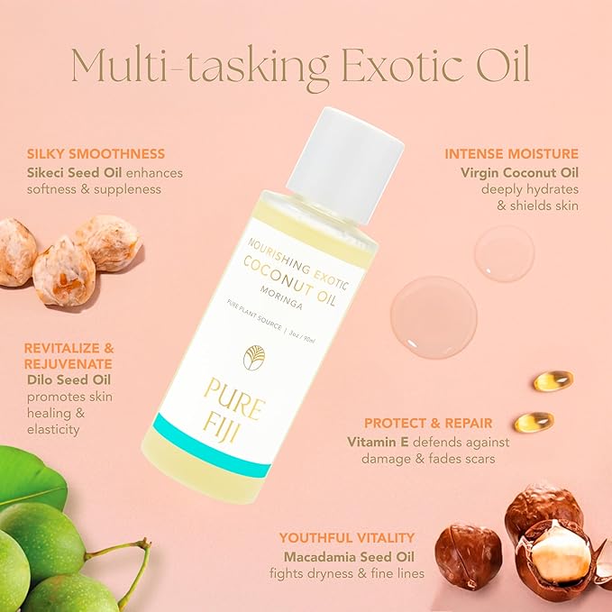 PURE FIJI Travel Size Nourishing Exotic Coconut Oil, Moringa (3oz/90ml)