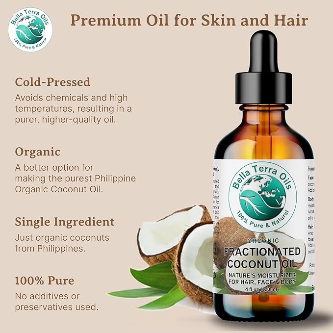Bella Terra Oils - Liquid Organic Fractionated Coconut Oil 16oz - The Ideal Mix of MCTs & Fatty Acids, A Lustrous Elixir for Daily Skin Care