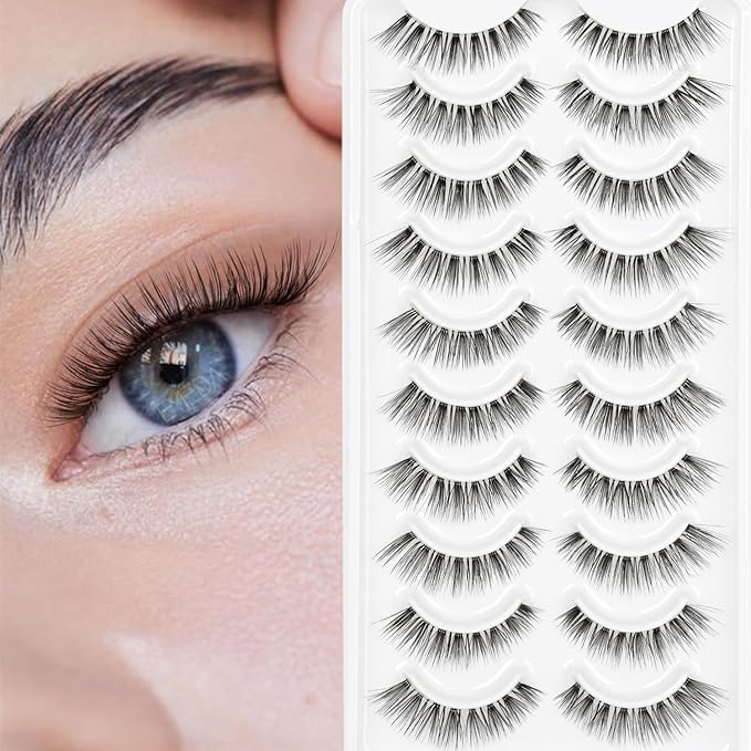 False Eyelashes Natural Lashes Wispy - 0.1mm Ultra Thin Clear Band 12mm Pestañas Postizas Naturales Cat Eye Reusable 10 Pairs Demi Wispies Short Fake Lashes Strips by EMEDA (WISPY 01)