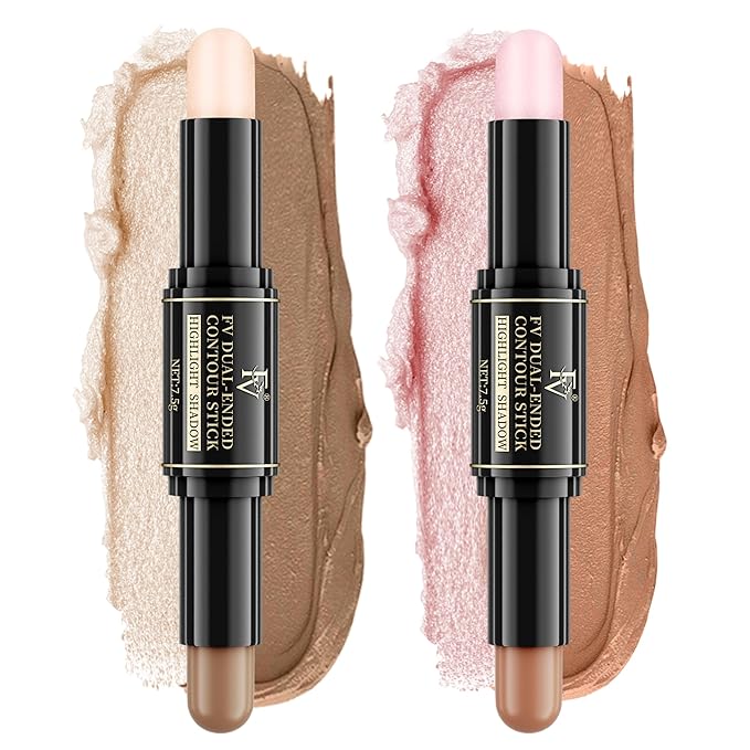 FV Dual-Ended Contour & Highlighter Stick - 2 Pack, Waterproof, Long-Lasting, Creamy & Blendable Formula, Natural Finish Sculpting Stick for Face & Body, Shades: 02 Light/Medium & 01 Medium