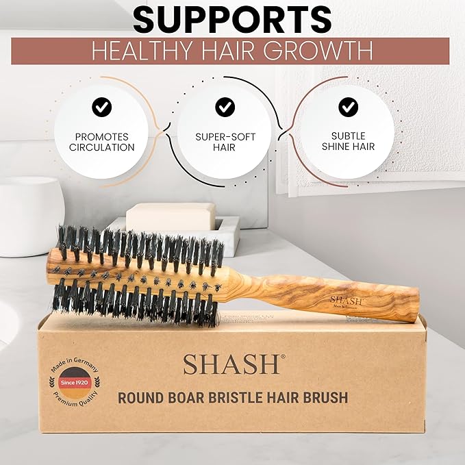 SHASH Boar Bristle Round Brush - Made In Germany | Volumize and Revitalize Your Hair with Softer, Smoother Results - Scalp Exfoliation and Stimulation - Eco-Sourced Olive Wood Handle