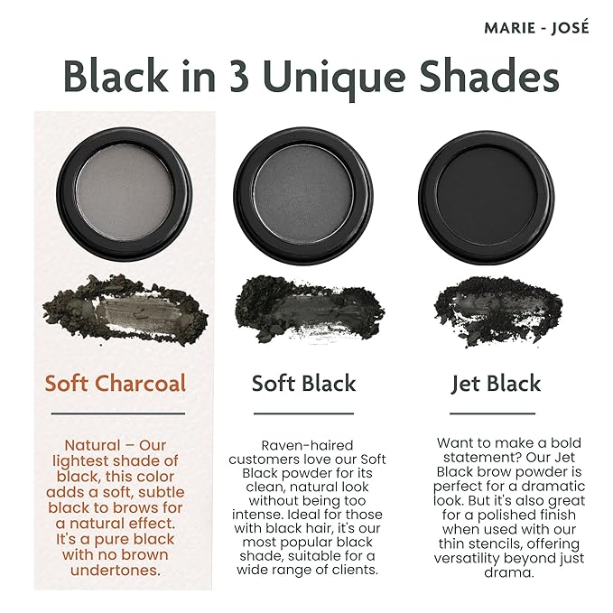 Marie-José Soft Charcoal Eyebrow Powder - Soft Subte Black Eyebrow Color - Effortless All-Day Brow Beauty - Compact Size 0.10oz for Purse or Travel Size - Made in USA