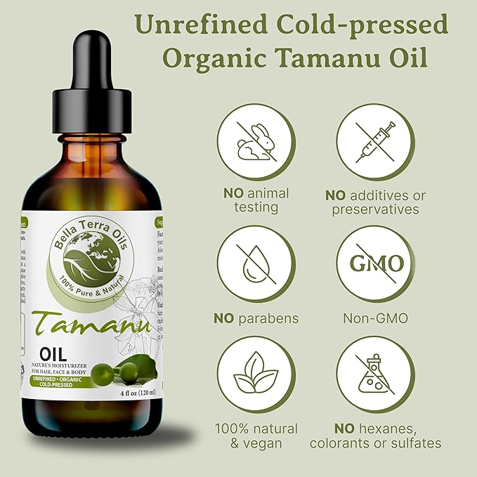 Bella Terra Oils - Organic Tamanu Oil 2oz - Celebrate Skin's Vitality, Naturally Rich in Fatty Acids & Vitamins, Distilled Essence from Pure Organic Tamanu Seeds