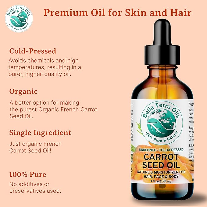 Bella Terra Oils - Organic Carrot Seed Oil 8 oz - Not Just for Tanning, Packed with Antioxidants, Cold-Pressed for Ultimate Skin Embrace & Natural Shine