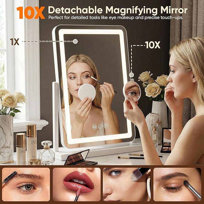 Antok Vanity Mirror with Lights, 32"X22" Lighted Makeup Mirror, Smart Touch, 3 Color Modes and Brightness Adjustable, LED Vanity Mirror with Detachable 10X Magnification, 360° Rotation for Makeup Desk