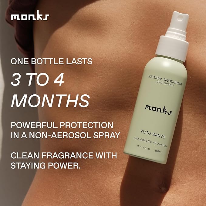 MONKS Whole Body Natural Deodorant Spray - For Women and Men, Aluminum-Free, Baking Soda Free, Probiotics, Organic AHA’s, Pure Essential Oils (Yuzu Santo)
