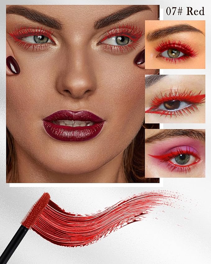 5D White Red Mascara for Eyelashes, Longlasting Waterproof Colored Volumizing Mascara Volume and Length,Curling Fiber rimel de pestañas,Eye Makeup Gift for Women Girl Cosplay Party Stage Use