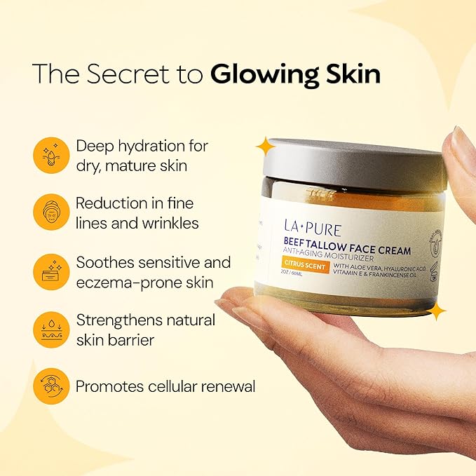 Beef Tallow for Skin, Grass-Fed Tallow Face Cream with Hyaluronic Acid, Aloe Vera & Frankincense, Non-Greasy Anti-Aging Moisturizer, Citrus Scent, 2 oz