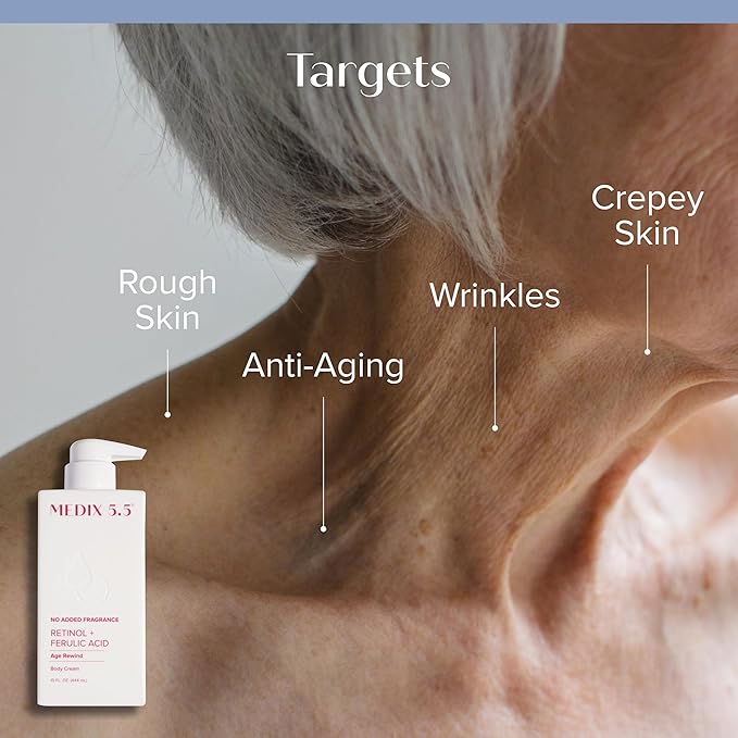 MEDIX Fragrance Free Retinol Body Lotion Crepey Skin Care Treatment | Firming Body & Face Moisturizer | Anti Aging Retinol Cream For Face Targets Loose Crepe Skin, Wrinkles, & Fine Lines, 15 Fl Oz