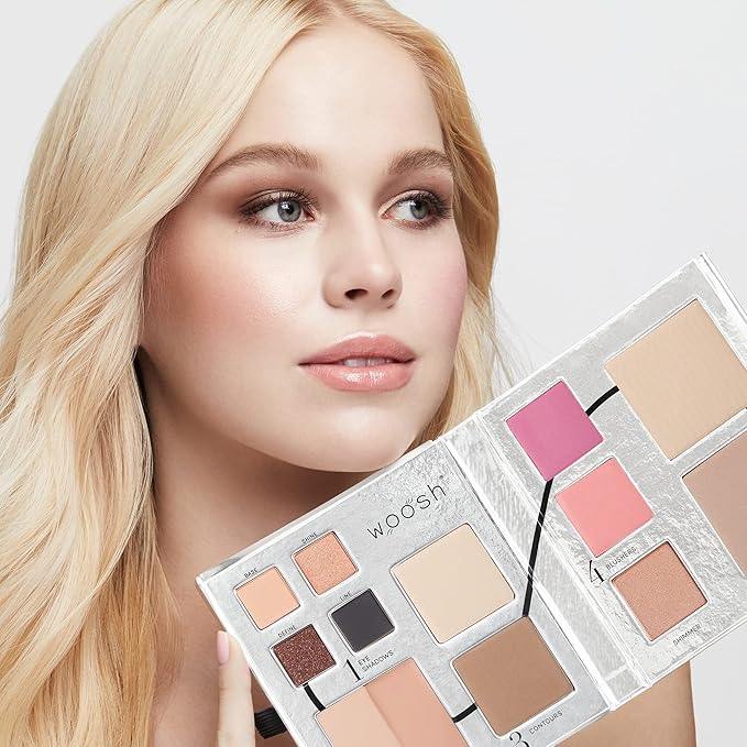 Woosh Beauty, Jetsetter Bundle in #1 Light, Fold out Face Original, Essential Brush Set, Travel Case in Hot Pink