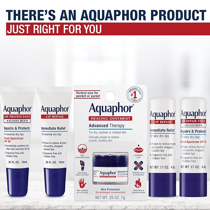 Aquaphor Lip Repair and Protect Stick with Sunscreen, Broad Spectrum SPF 30 Sunscreen Lip Balm, 0.17 Oz Stick, Pack of 4